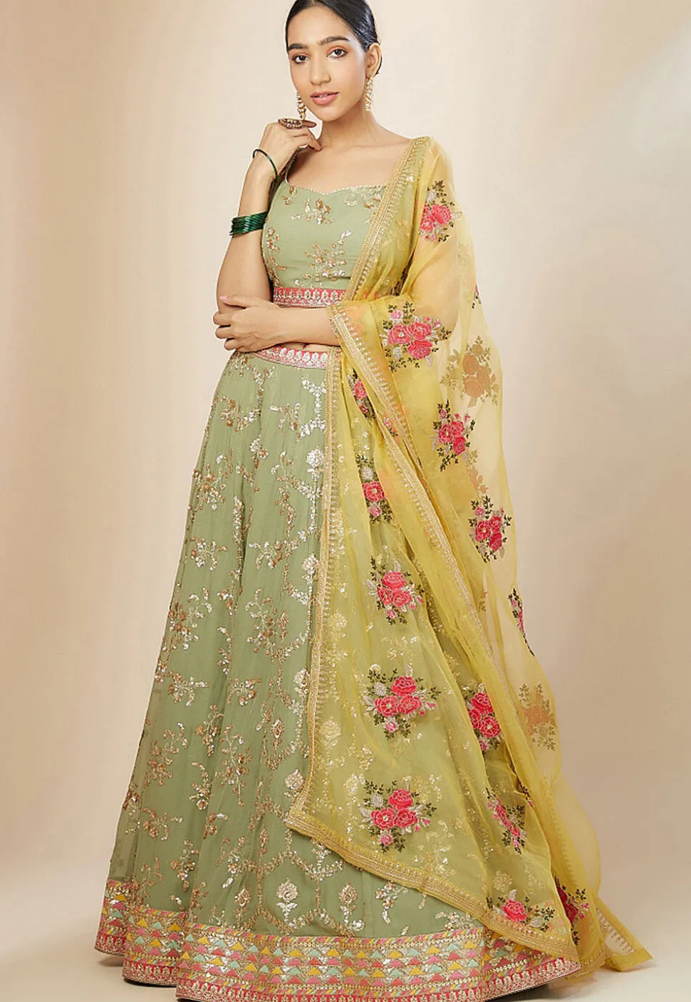 Embroidered Georgette Lehenga in Light Green