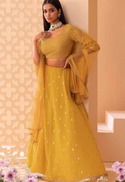 Embroidered Georgette Lehenga in Mustard