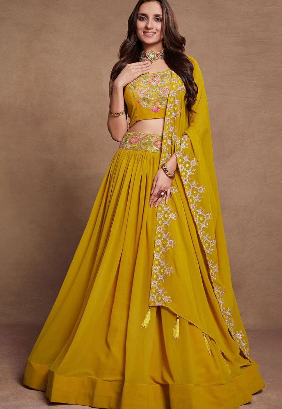 Embroidered Georgette Lehenga in Yellow