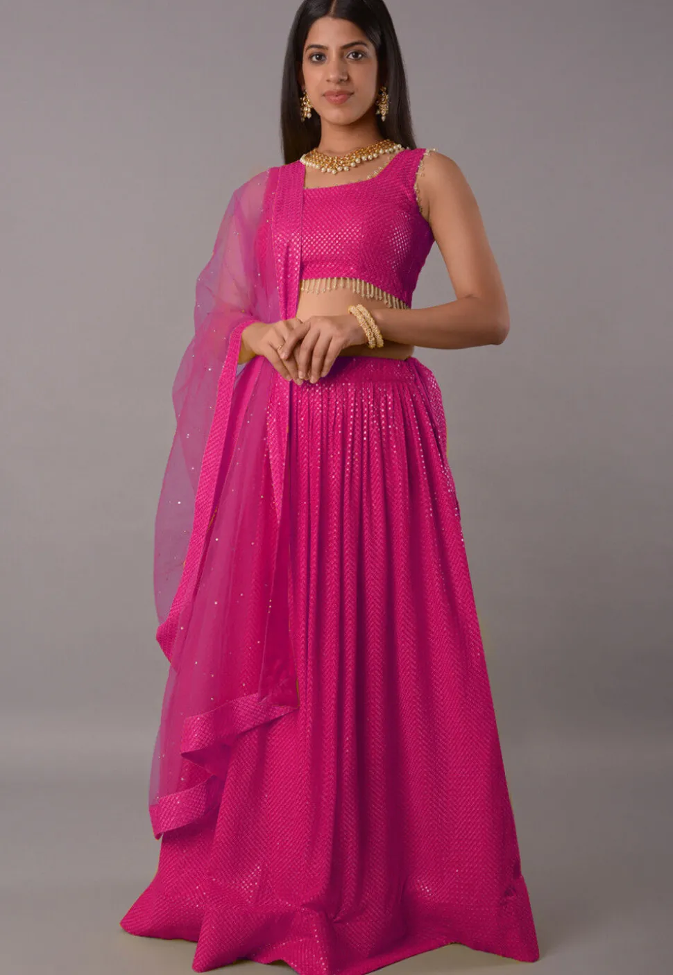 Embroidered Georgette Lehenga in Magenta