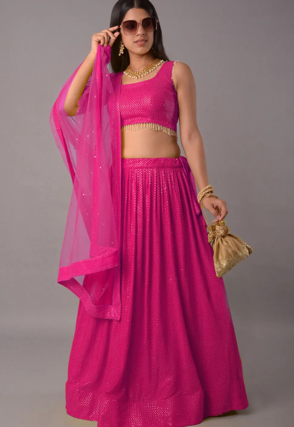Embroidered Georgette Lehenga in Magenta