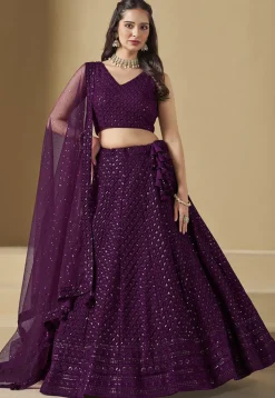 Embroidered Georgette Lehenga in Purple