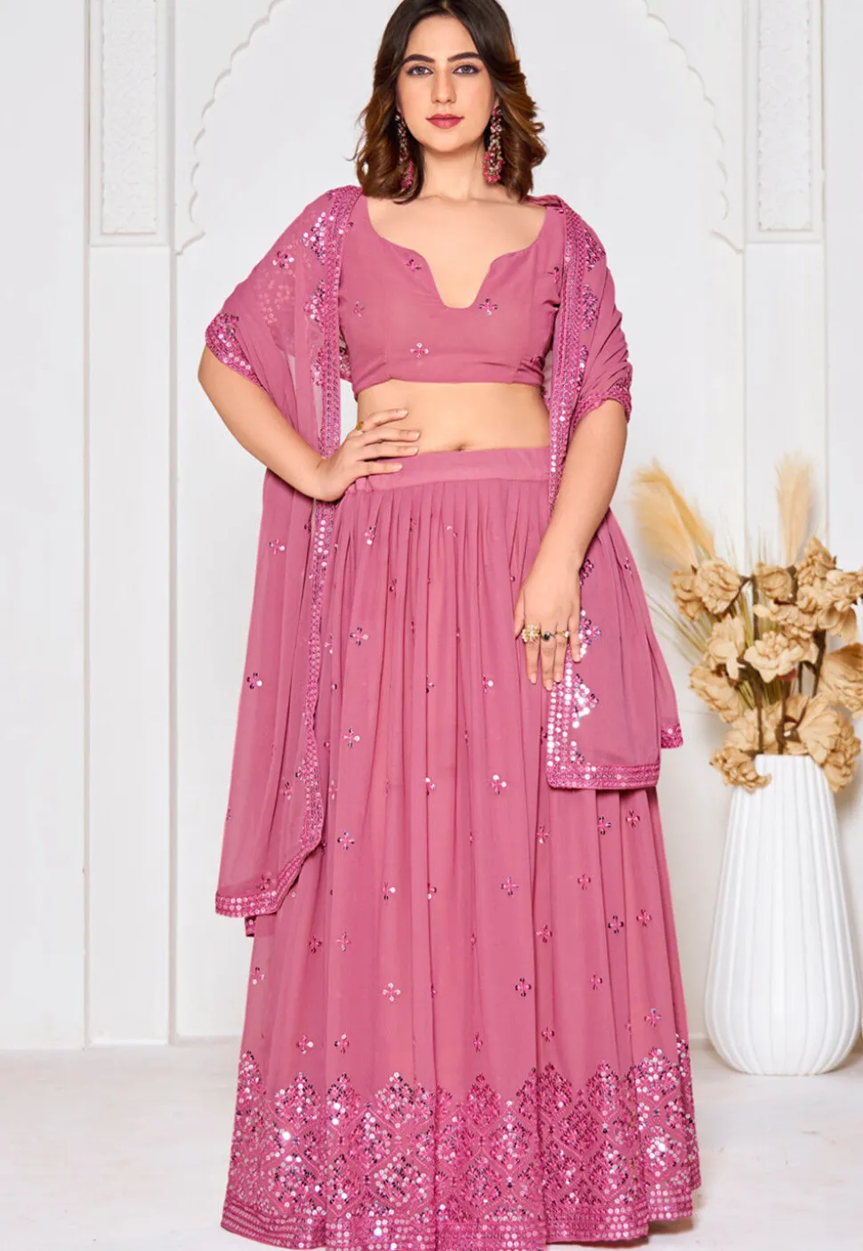 Embroidered Georgette Lehenga in Pink
