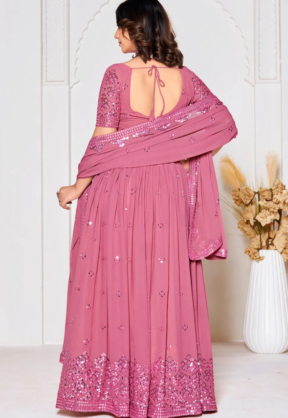 Embroidered Georgette Lehenga in Pink