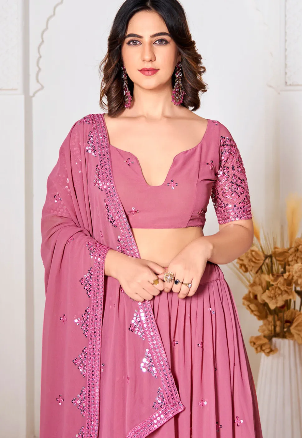 Embroidered Georgette Lehenga in Pink