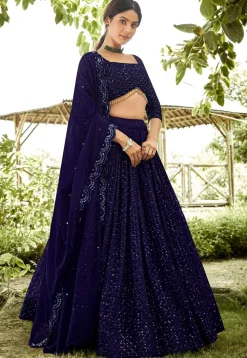 Embroidered Georgette Lehenga in Navy Blue