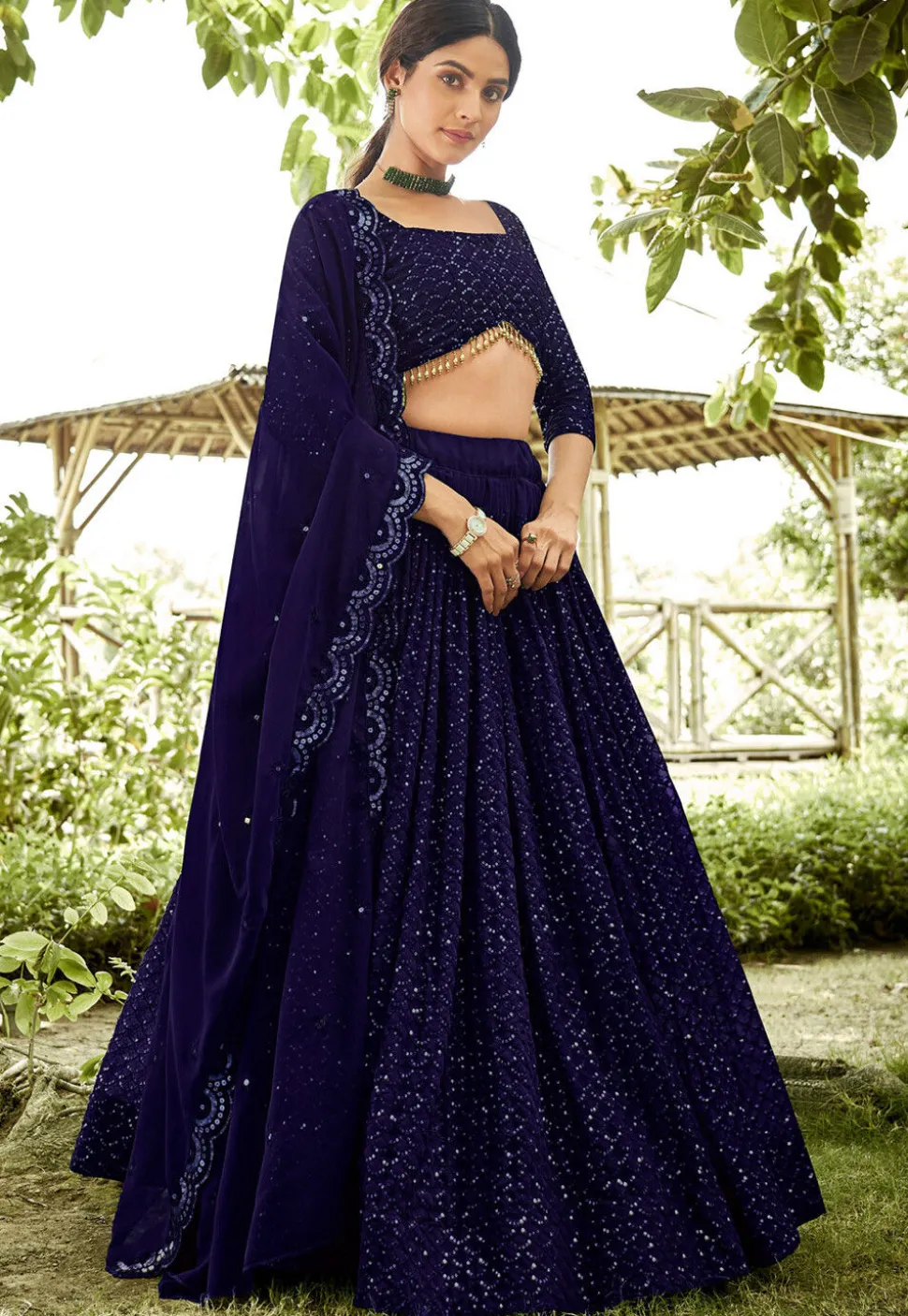 Embroidered Georgette Lehenga in Navy Blue