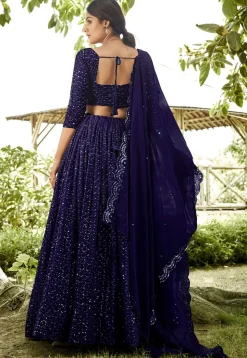 Embroidered Georgette Lehenga in Navy Blue