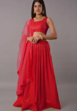 Embroidered Georgette Lehenga in Red