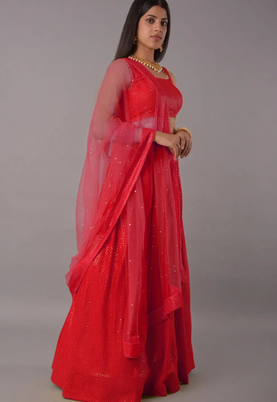 Embroidered Georgette Lehenga in Red