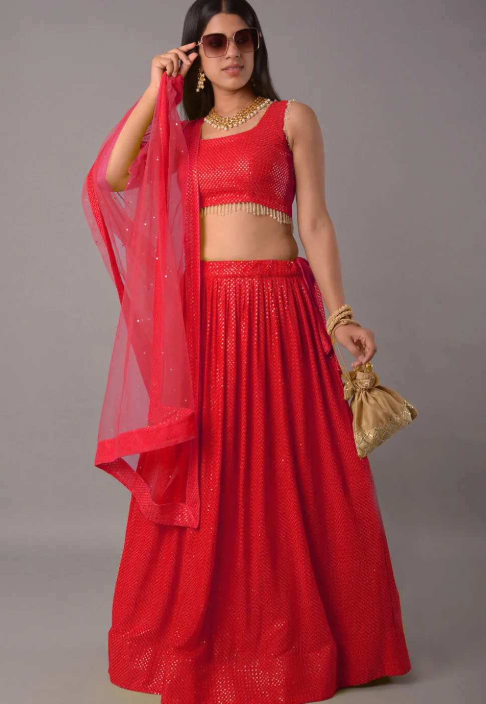 Embroidered Georgette Lehenga in Red