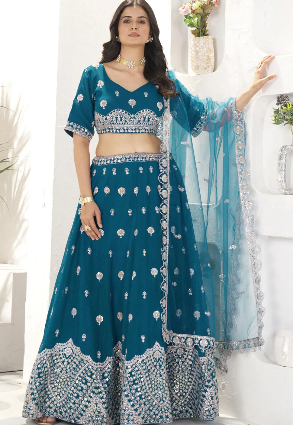 Embroidered Georgette Lehenga in Teal Blue