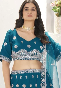 Embroidered Georgette Lehenga in Teal Blue
