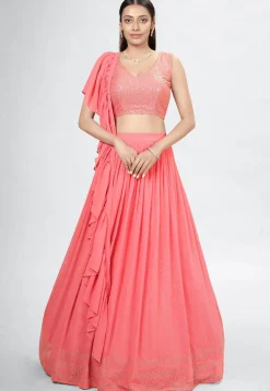 Embroidered Georgette Lehenga in Peach