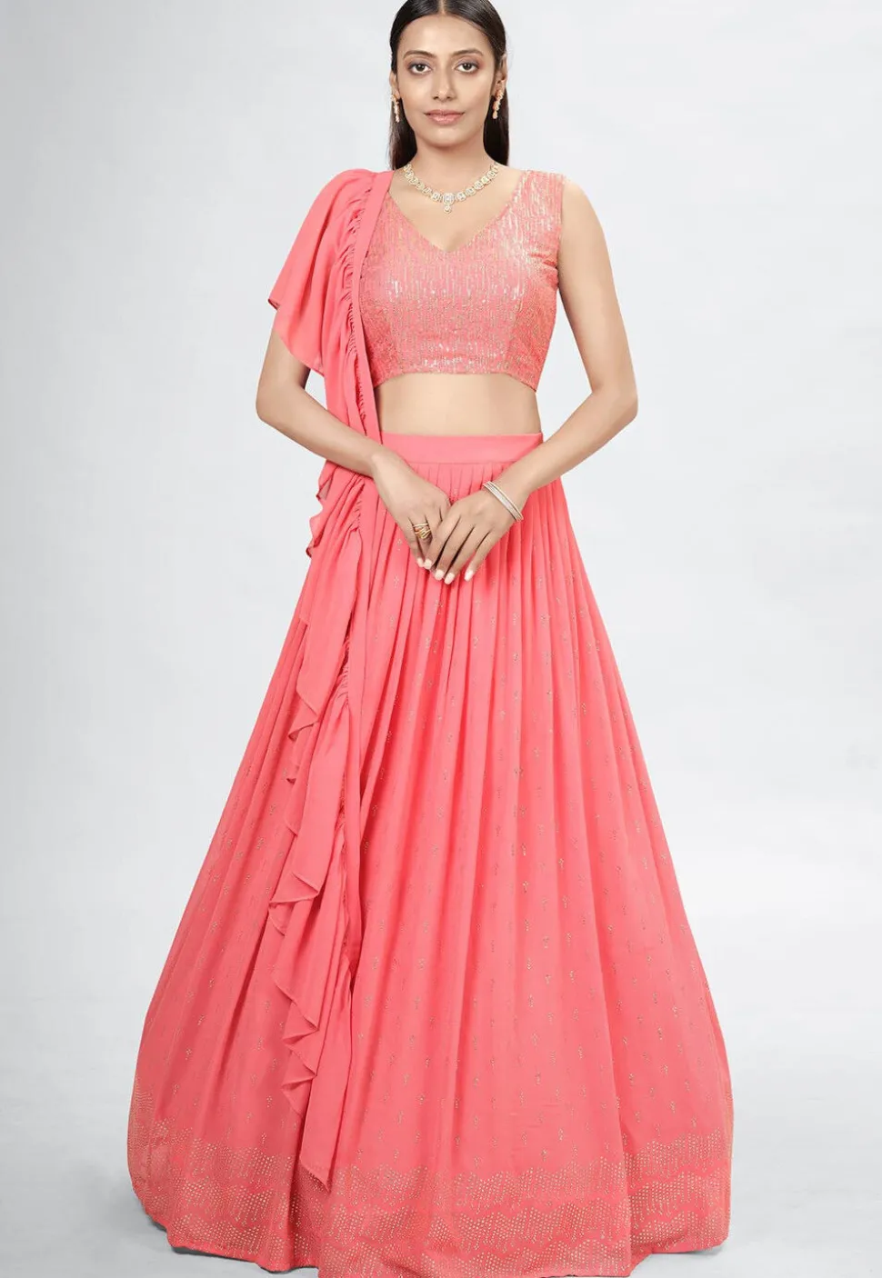 Embroidered Georgette Lehenga in Peach