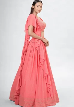 Embroidered Georgette Lehenga in Peach