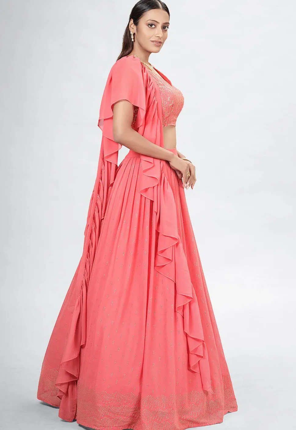 Embroidered Georgette Lehenga in Peach