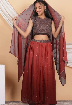 Embroidered Georgette Lehenga in Shaded Brown