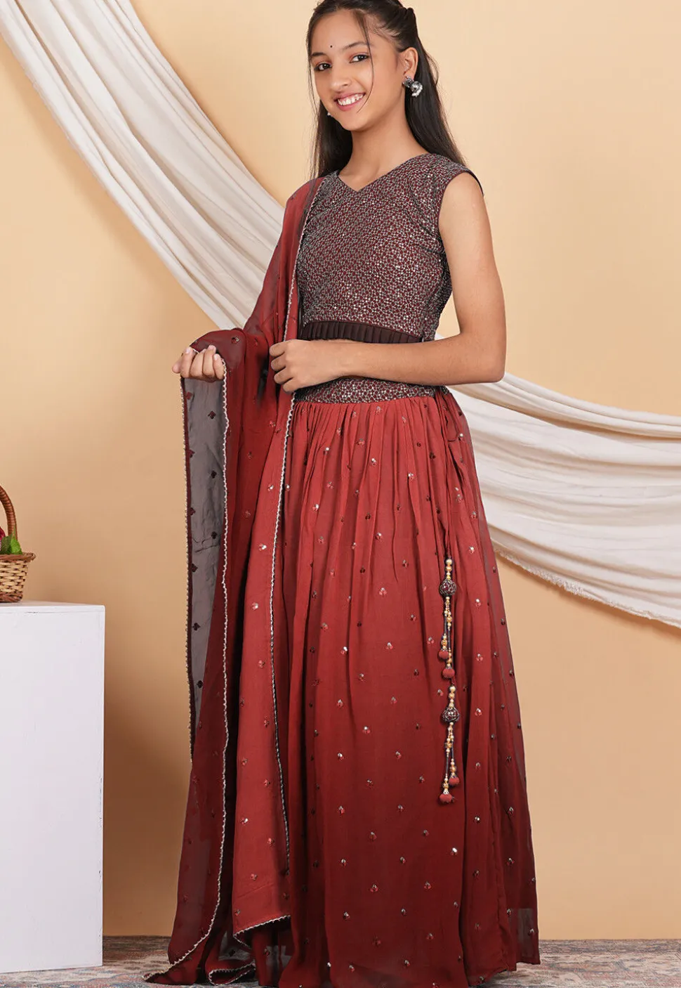 Embroidered Georgette Lehenga in Shaded Brown