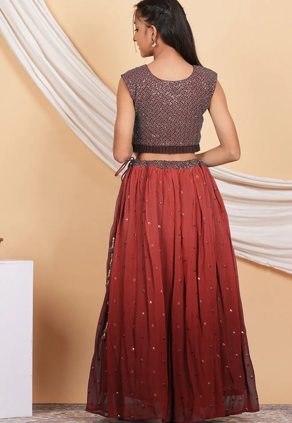 Embroidered Georgette Lehenga in Shaded Brown