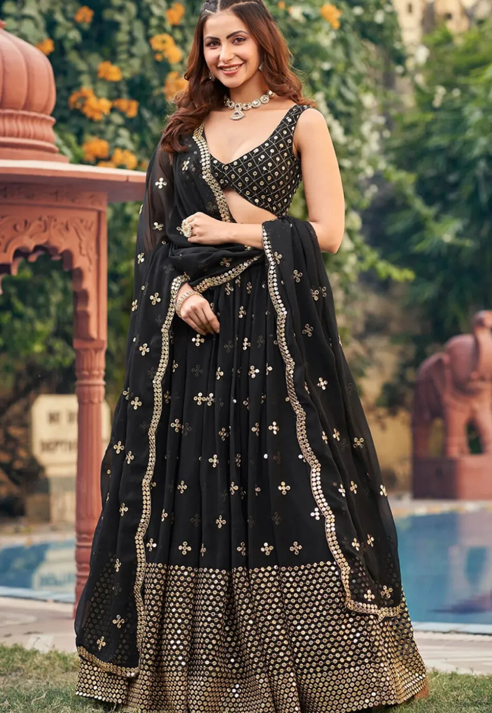 Embroidered Georgette Lehenga in Black