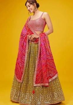 Embroidered Georgette Lehenga in Olive Green