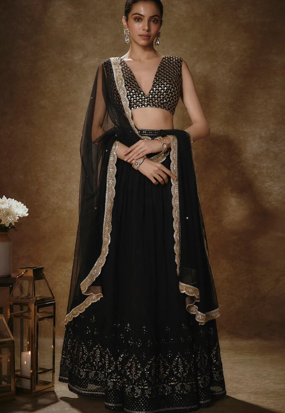 Embroidered Georgette Lehenga in Black