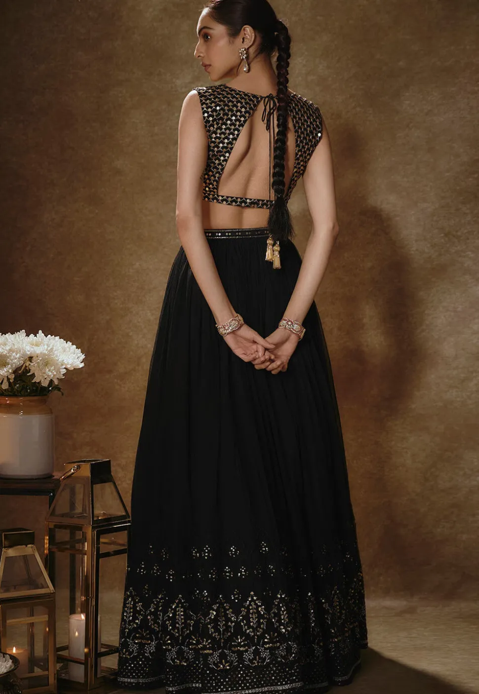 Embroidered Georgette Lehenga in Black