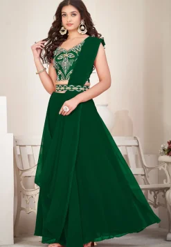 Embroidered Georgette Lehenga in Dark Green