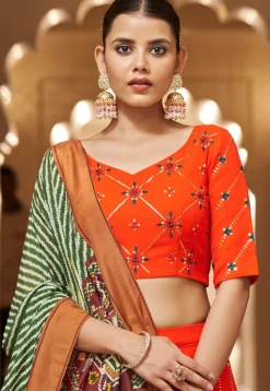 Embroidered Georgette Lehenga in Orange