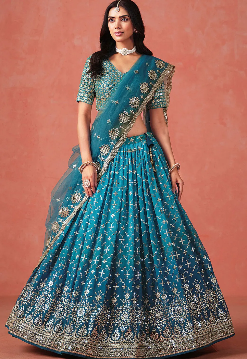 Embroidered Georgette Lehenga in Blue