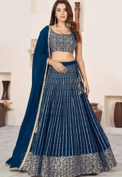 Embroidered Georgette Lehenga in Teal Blue