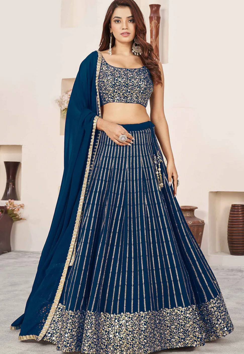 Embroidered Georgette Lehenga in Teal Blue