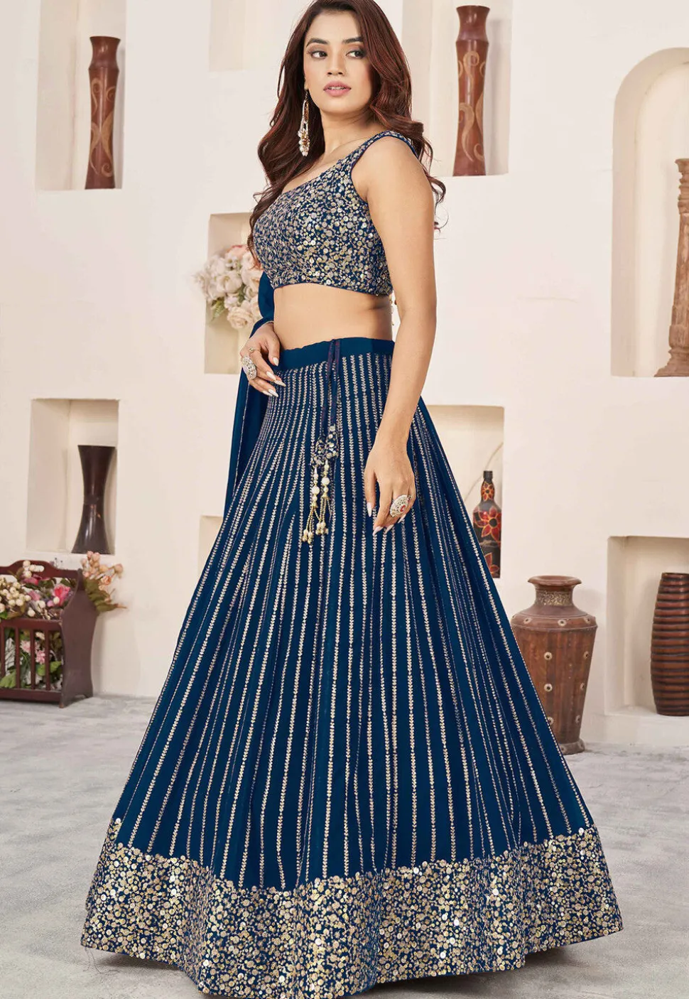 Embroidered Georgette Lehenga in Teal Blue