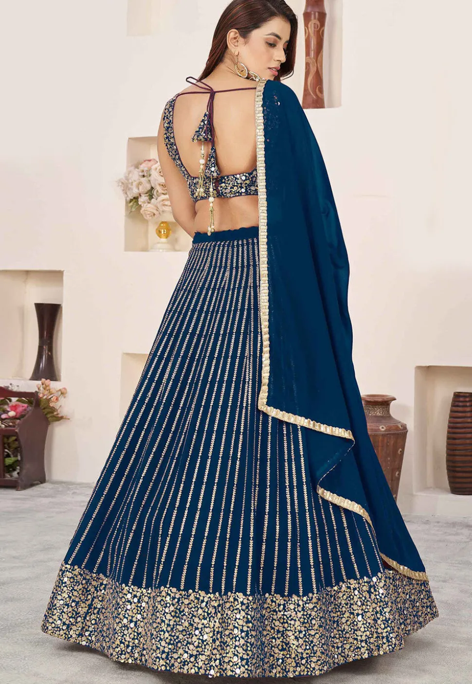 Embroidered Georgette Lehenga in Teal Blue