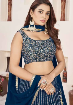 Embroidered Georgette Lehenga in Teal Blue