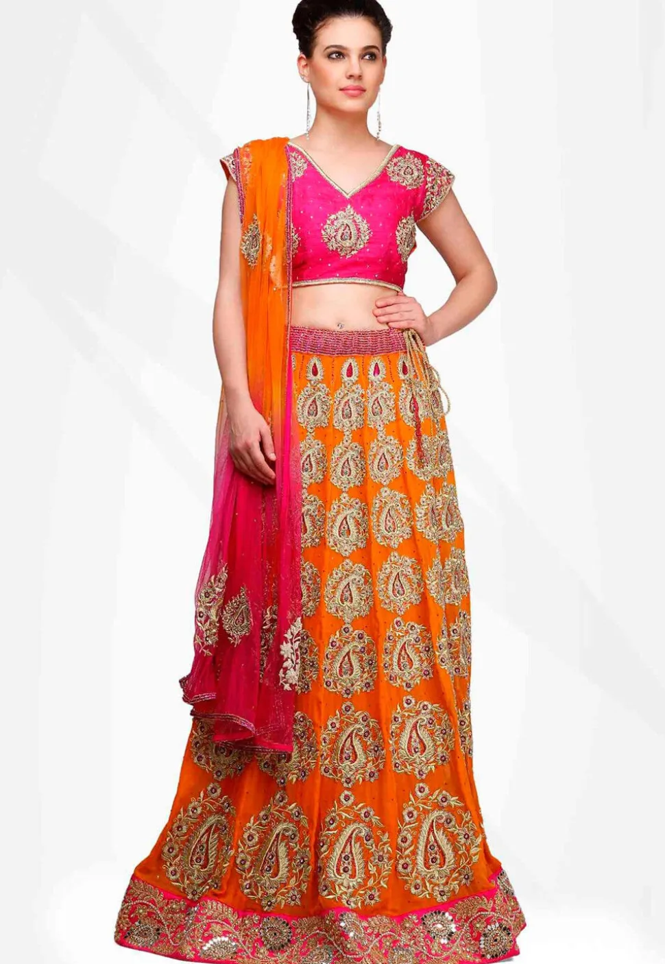Embroidered Georgette Lehenga in Orange