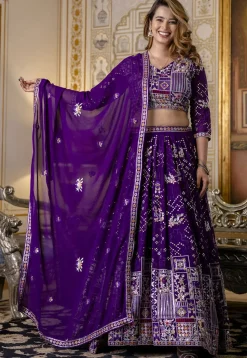 Embroidered Georgette Lehenga in Purple