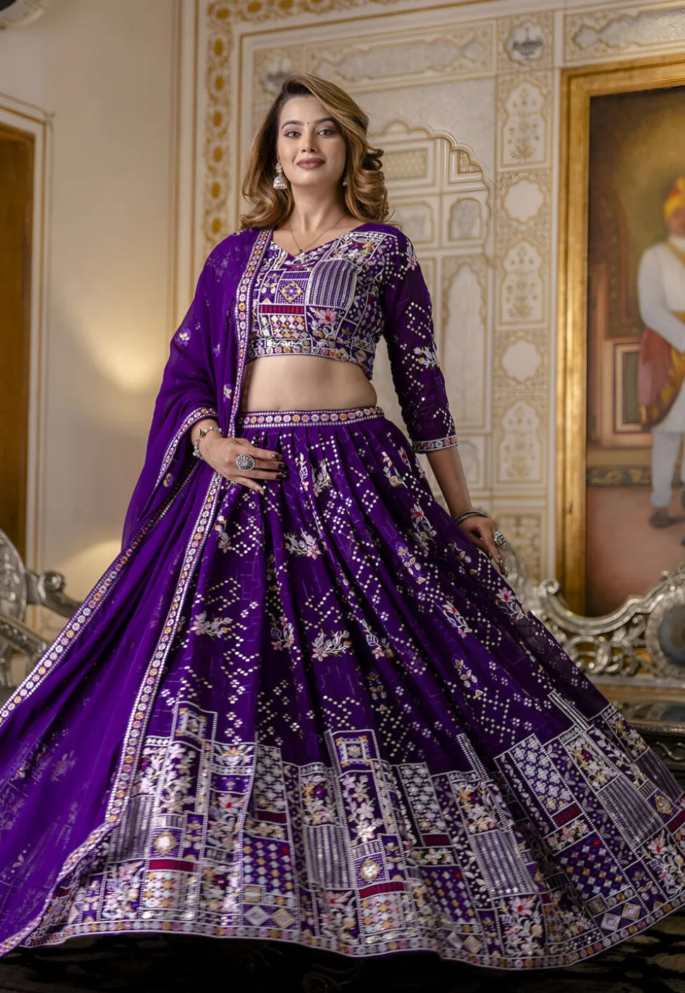 Embroidered Georgette Lehenga in Purple