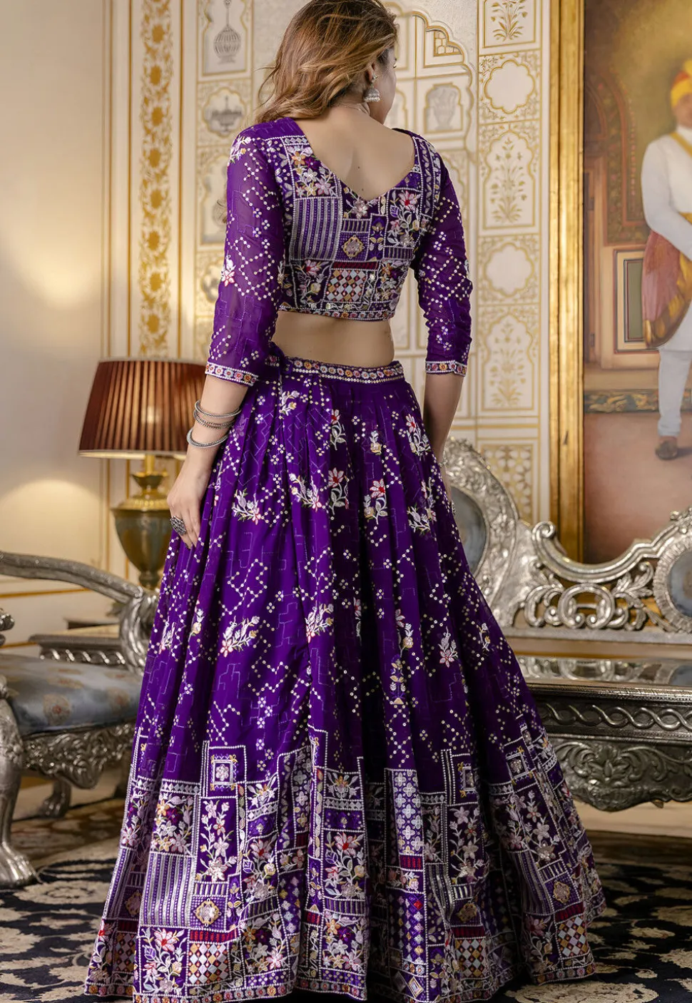 Embroidered Georgette Lehenga in Purple