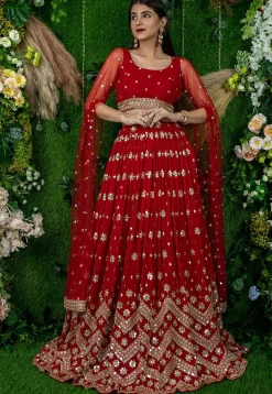 Embroidered Georgette Lehenga in Red