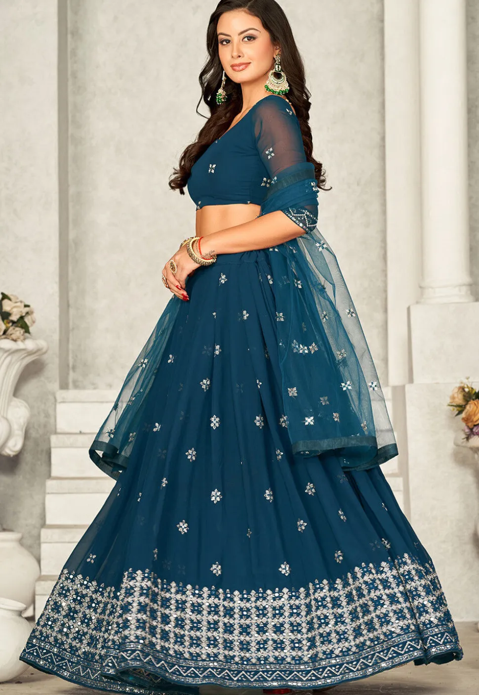 Embroidered Georgette Lehenga in Teal Blue