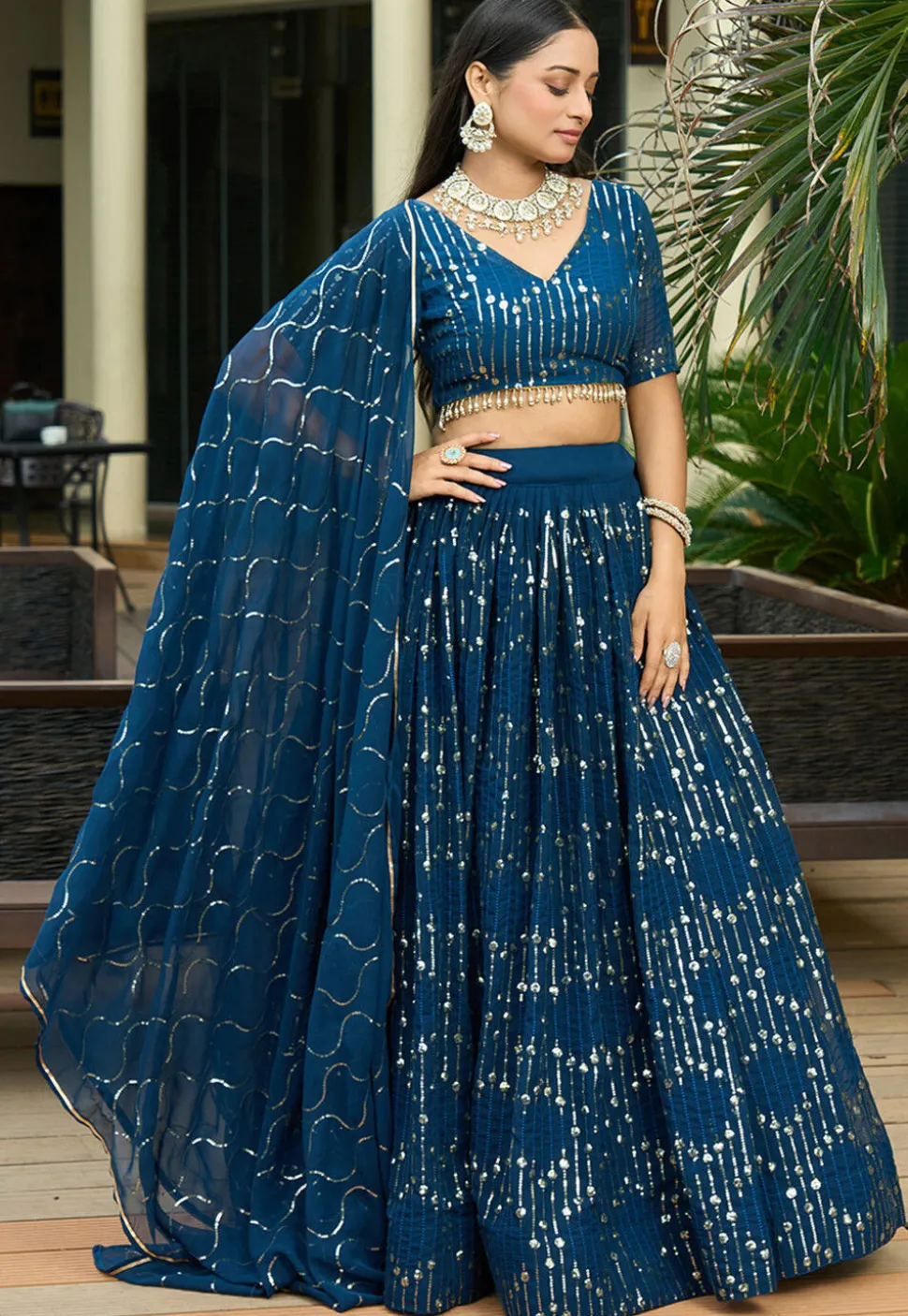 Embroidered Georgette Lehenga in Teal Blue