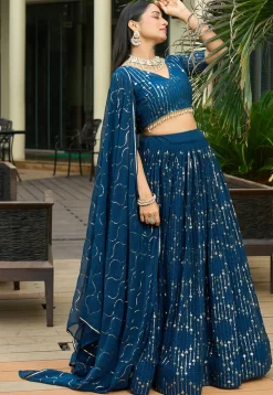 Embroidered Georgette Lehenga in Teal Blue