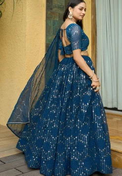 Embroidered Georgette Lehenga in Teal Blue