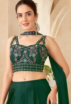Embroidered Georgette Lehenga in Dark Green