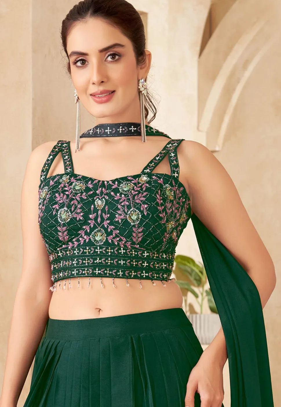 Embroidered Georgette Lehenga in Dark Green