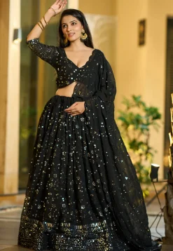 Embroidered Georgette Lehenga in Black