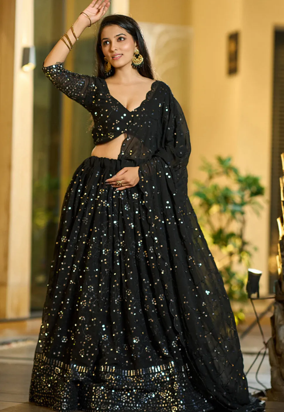 Embroidered Georgette Lehenga in Black