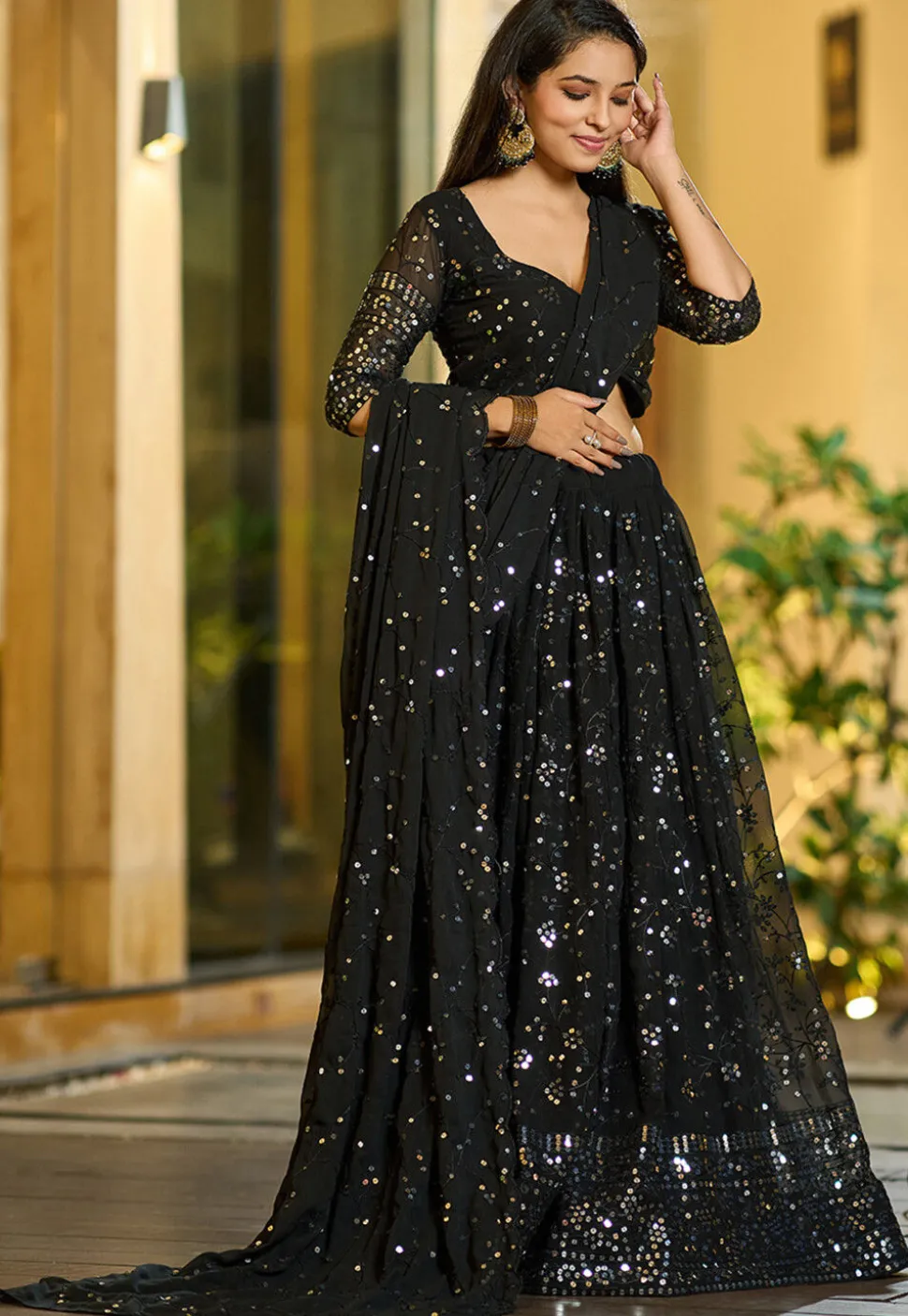 Embroidered Georgette Lehenga in Black
